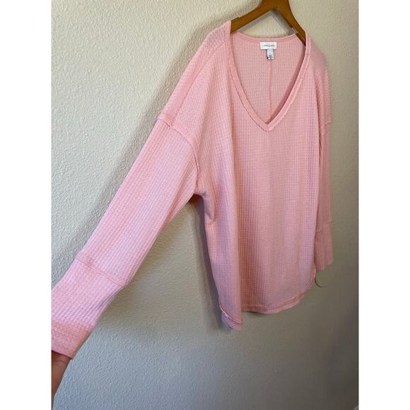 Vintage X America Cozy Pink V Neck Waffle Knit Long Sleeve Oversized Tee Large - Picture 10 of 10